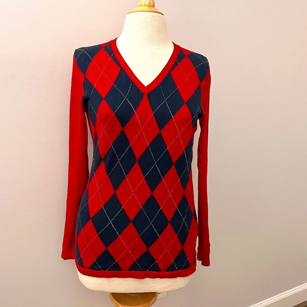 Tommy Hilfiger Red Argyle V Neck Cotton Sweater Sz S
